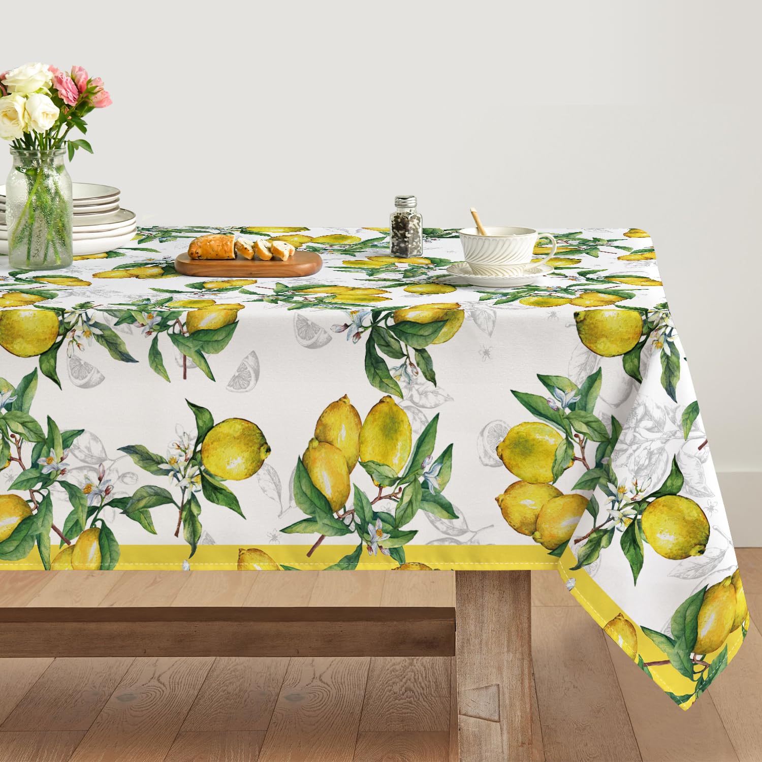 Artoid Mode Yellow Lemon Floral Summer Table Cloth, Rectangular 140x160 cm Spring Decorative Table Cover Protector For Party Home Table Decorations
