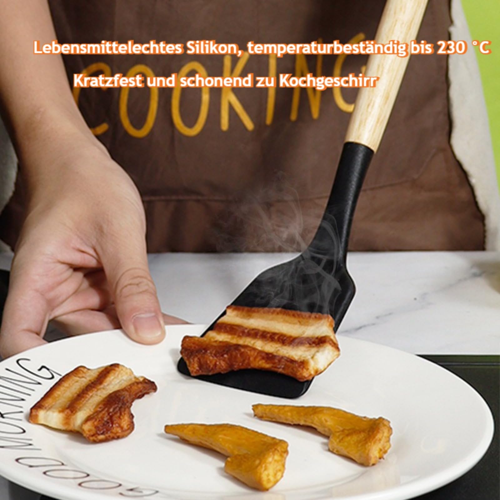 19 Stück Küchenmesser Set,Silikon-Küchenutensilien-Set mit Holzgriffen, Hitzebeständige,mit 12 Kochutensilien,5 Messern,Schneidebrett und Halter,Spülmaschinengeeignet (Schwarz)