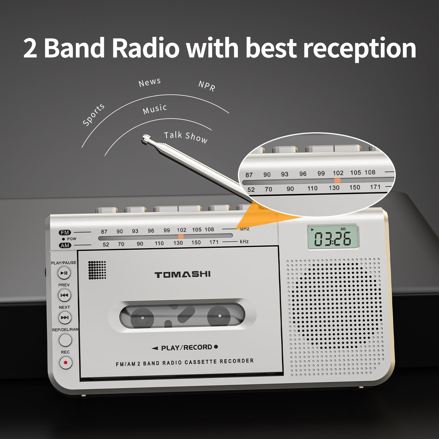 Portable Cassette Player with AM/FM Radio, 3.5mm Headphone Jack, Built-in Microphone