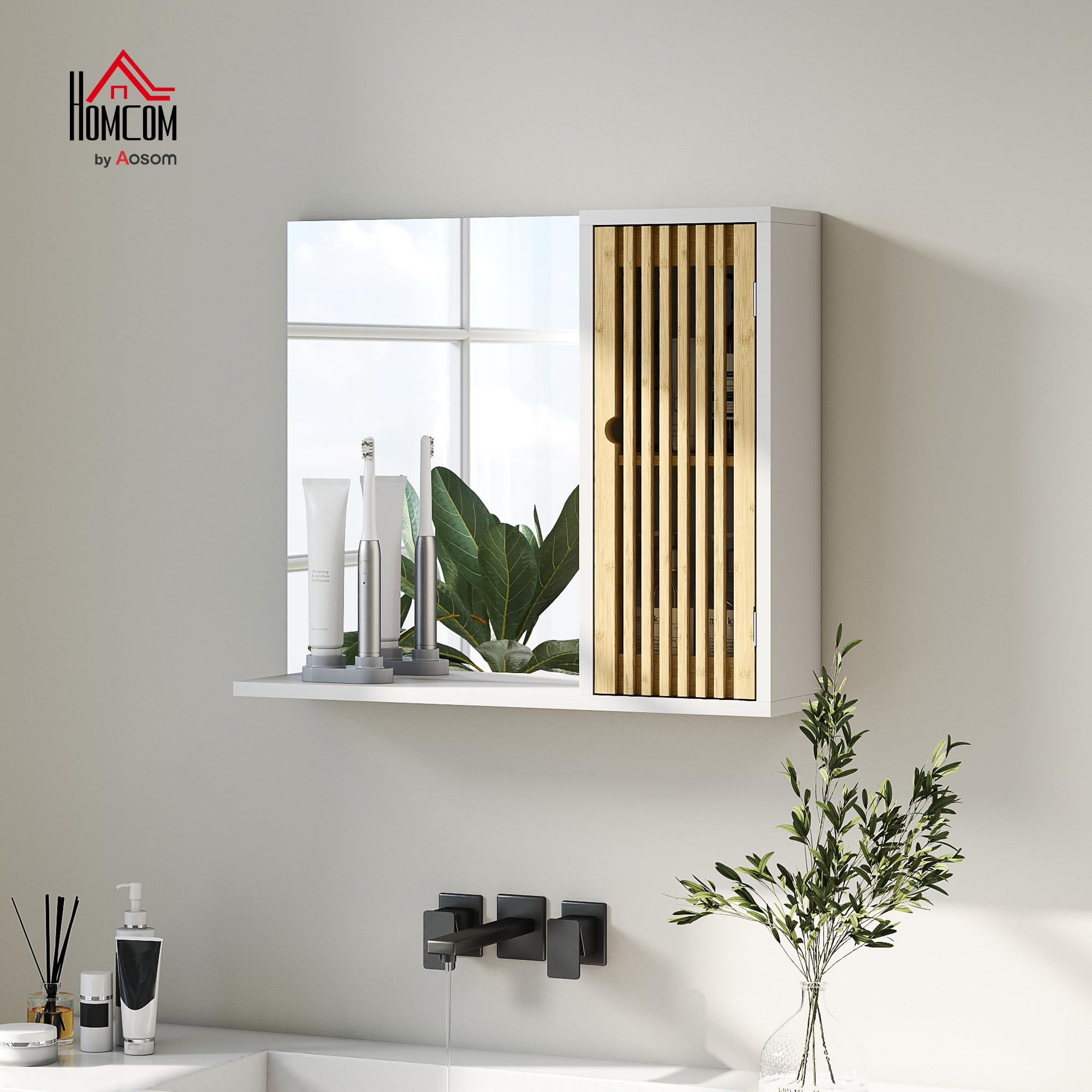 HOMCOM Espejo de Baño 60x50 cm, Espejo de Pared con Puerta de Listones de Bambú, Estantes de Almacenaje, Blanco y Natural