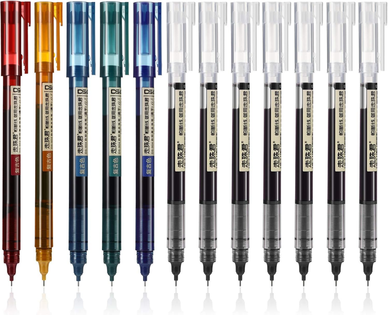 12 Pieces Rolling Ball Pens, Quick-Drying Ink 0.5 mm Extra Fine Point Pens Liquid Ink Pen Rollerball Pens (Retro Colors and Black) : Office Products
