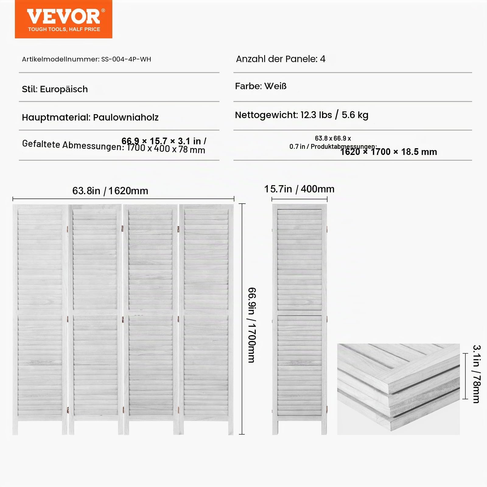 VEVOR Raumteiler 4-TLG. Faltbare Sichtschutz Paravent, 170 cm hohe Trennwand tragbarer Dekorationsschirm zur Raumtrennung, Raumtrenner geeignet für Büro Restaurant Schlafzimmer (Hellgrau)