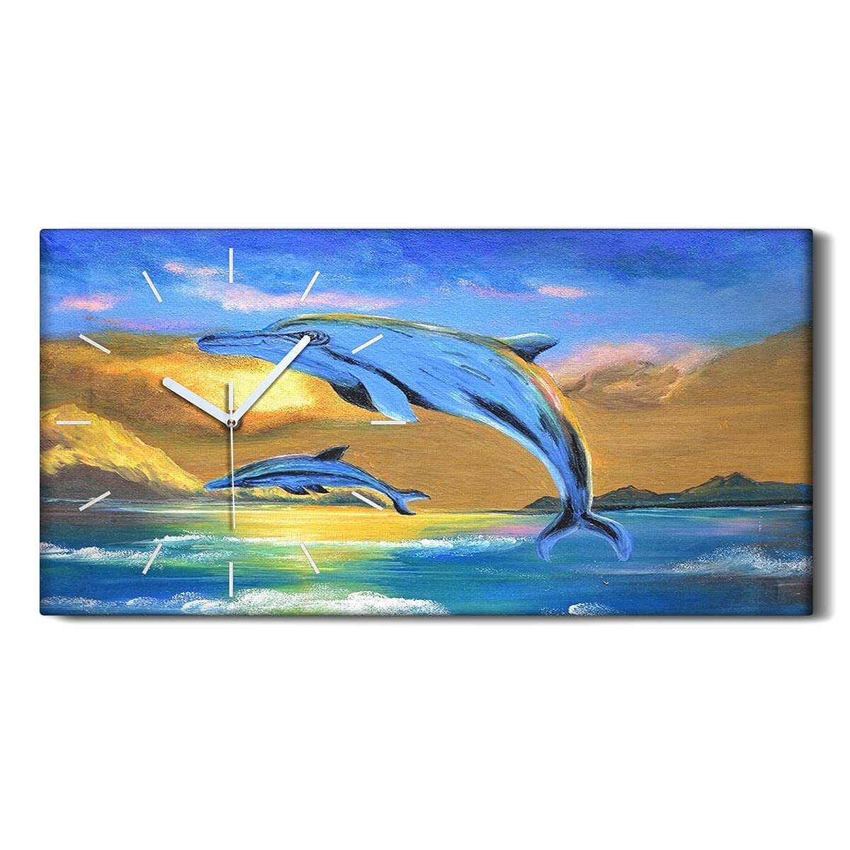 Horloge sur Toile 60x30cm Abstrait lac Dauphins - Coloray Pendule Silencieuse