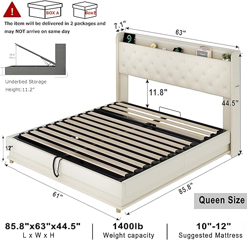 Miniatura 2 de Cama de almacenamiento elevable tamaño Queen, cama de plataforma tapizada con cabecera de almacenamiento con respaldo alto y capitoné de botones,