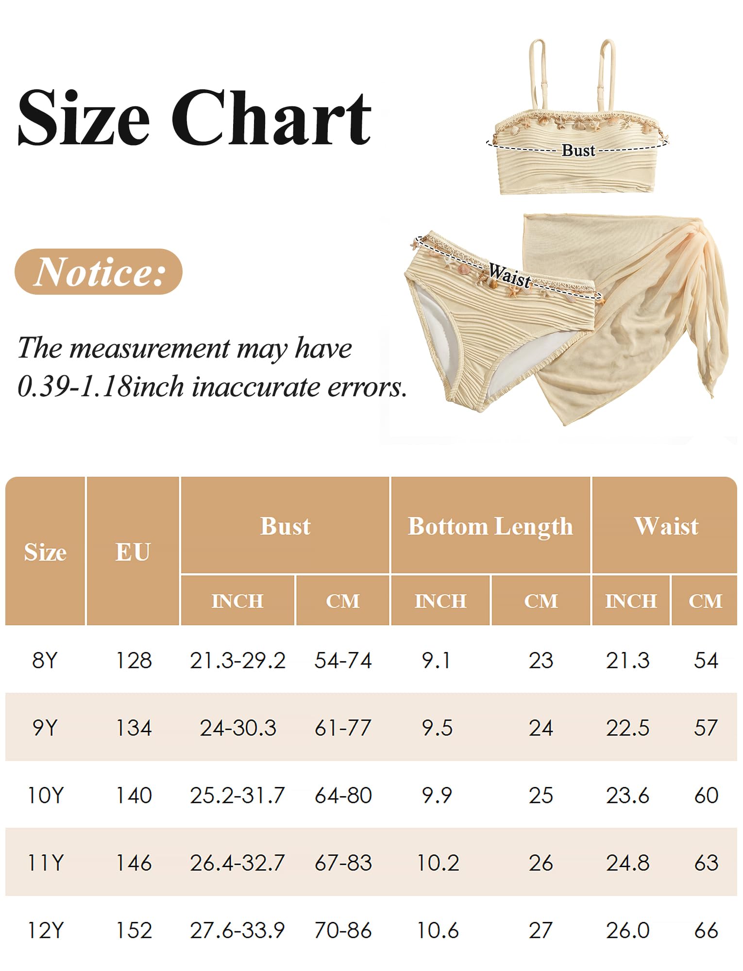Maeau Bikini Maillot de Bain Coquilles 3 Pièces pour Fille, Haut de Bikini+Culotte+Jupe, Ensemble de Natation, Plage, Piscine, 8-12 Ans