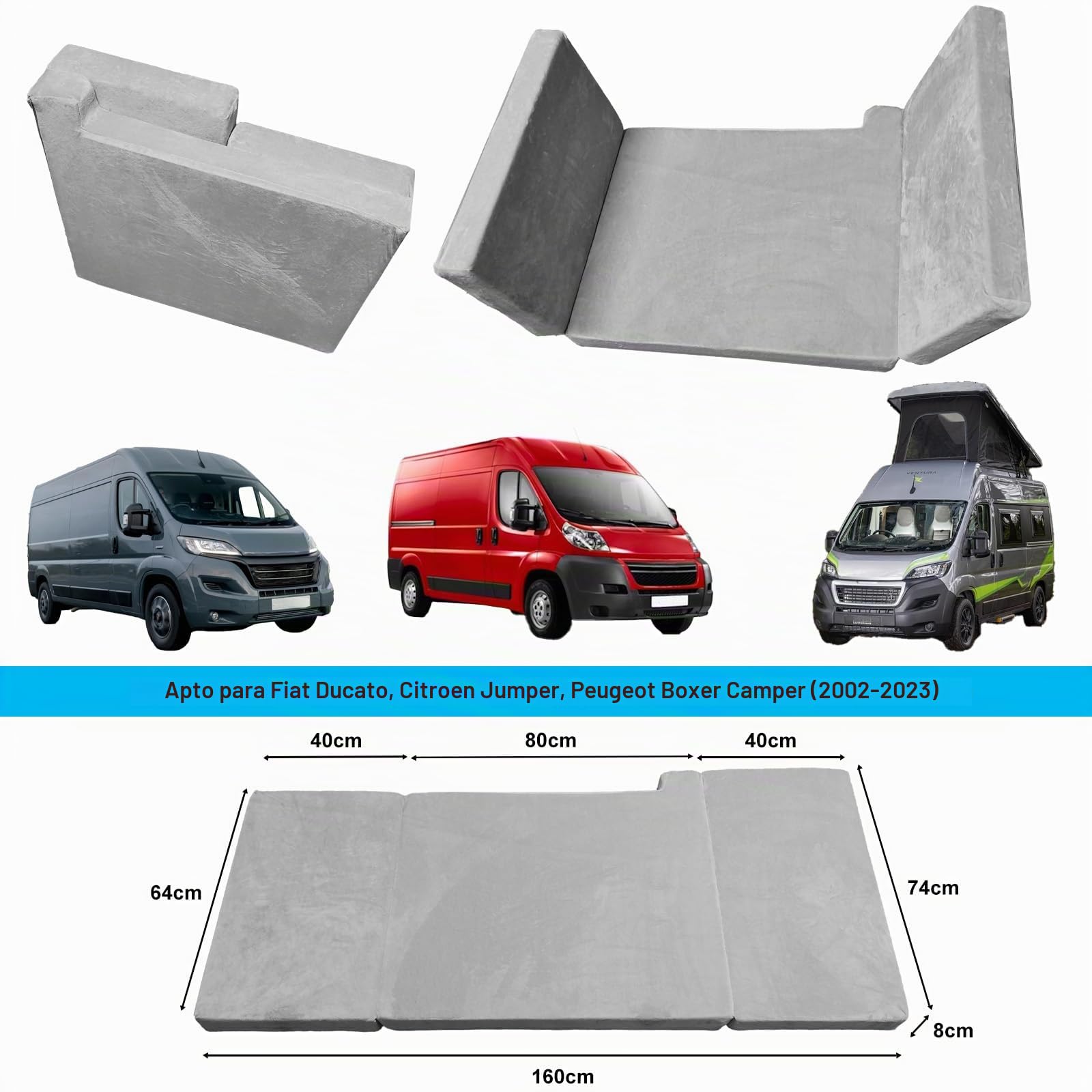 Colchón plegable portátil engrosado compatible con Fiat Ducato, Citroen Jumper, Peugeot Boxer Camper (2002-2023), cama de bebé, cabina, caravana, accesorios 160 x 74 x 8 cm