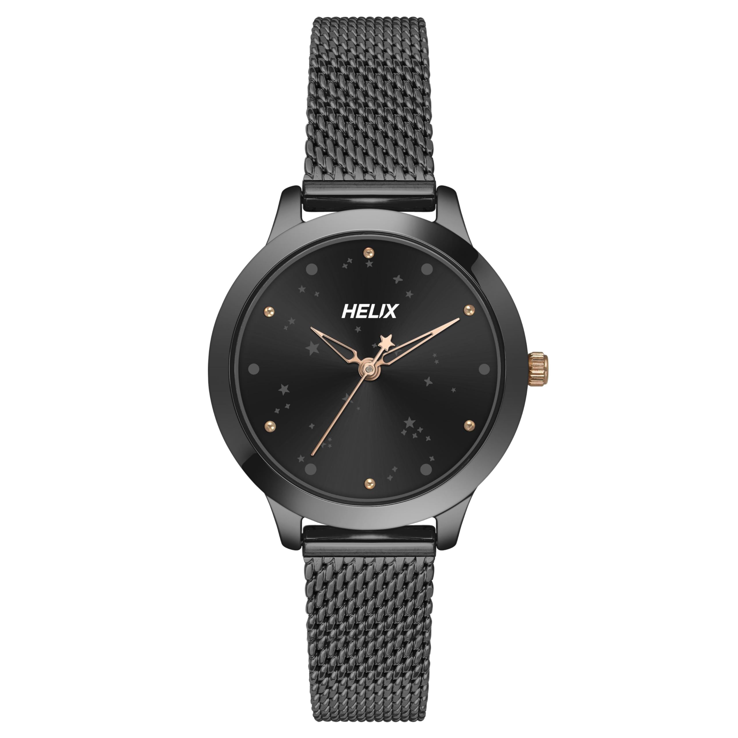Helix by Timex Black Round Analog Watches for Women | Quartz Movement Stainless Steel Mesh Bracelet Ladies Watches | Upto 30 m Water Resistance with Foldover Clasp Closure | Gift for Women TW022HL36 (B0D75SLKT3) Amazon Price History, Amazon Price Tracker