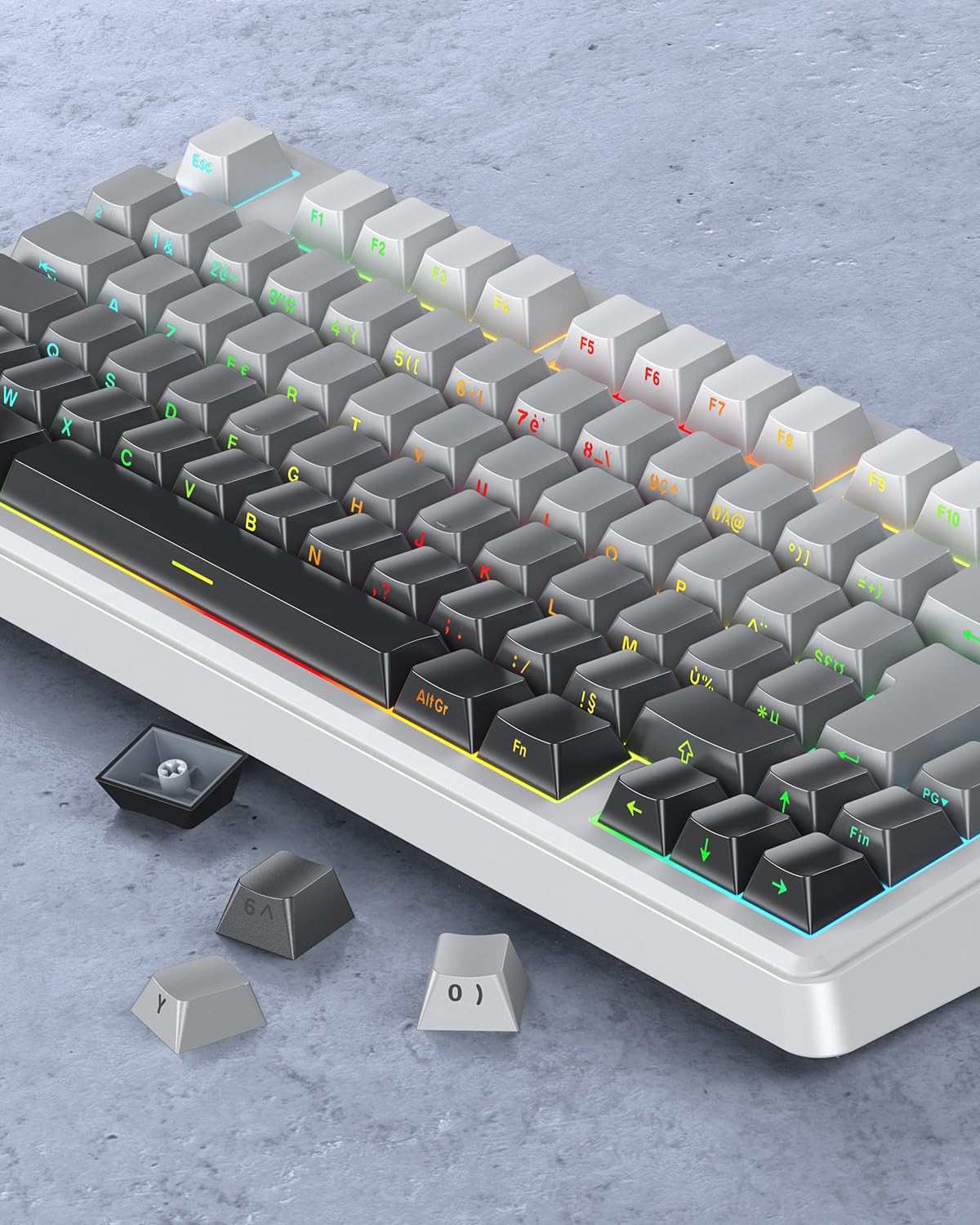 OMOTON Capuchons de Touches en Français, Cherry Profil 127 Touches PBT avec extracteur de Touches, Gravur Latéral pour MX Switch 61/68/84/87/96/108 ANSI/ISO Layout claviers mécaniques - Dégradé Gris
