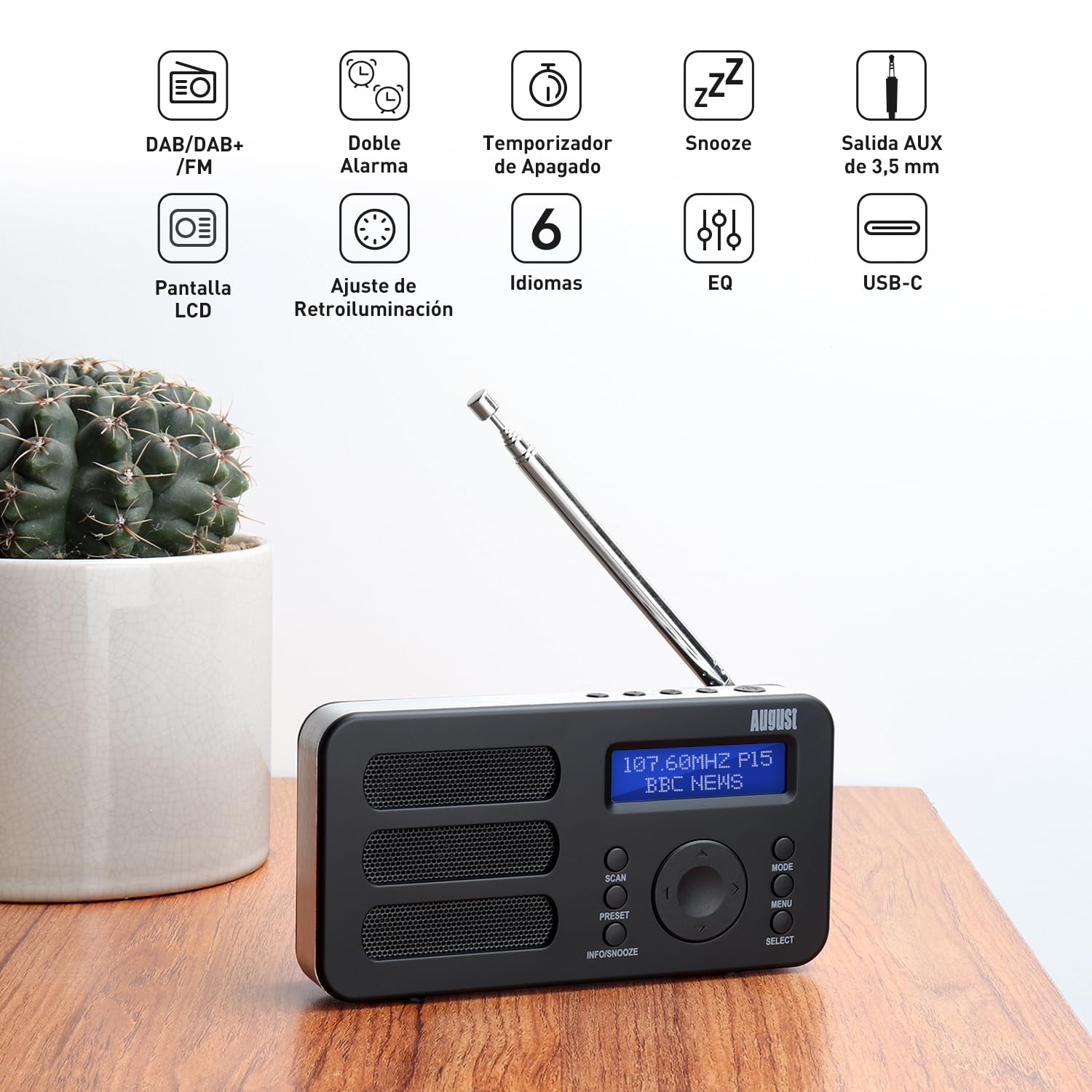 August MB225 Radio Portátil con Dab+/Dab/FM RDS, 40 Presets Radio, Digital Estéreo/Mono con Temporizador de Espera, Doble Alarma Snooze y Batería Recargable, Conexión de Audio fácil(Negro)