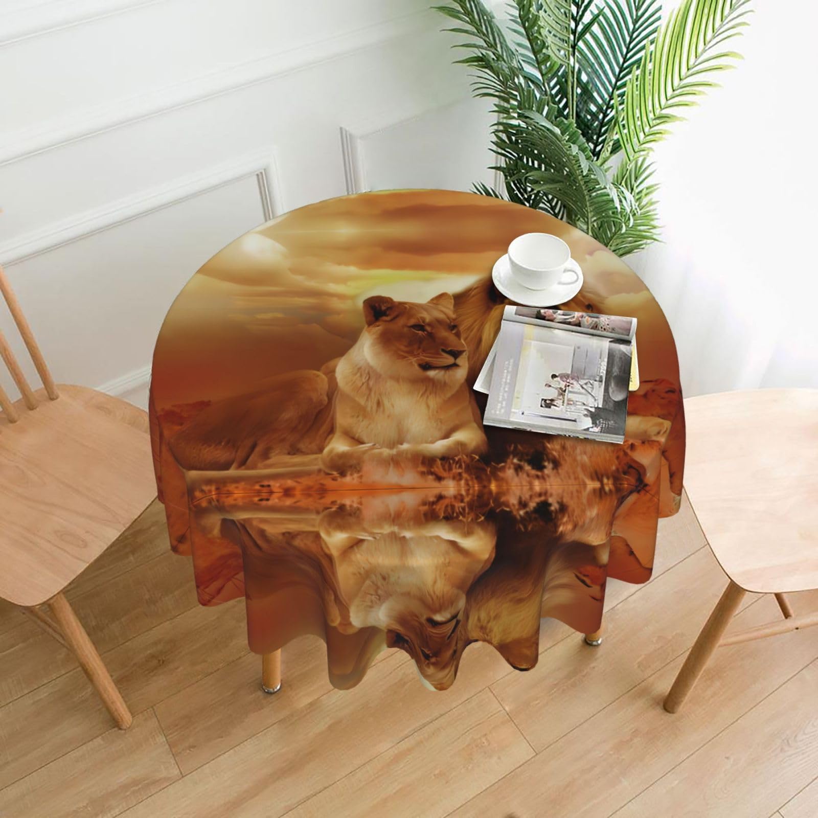 African Lion And Lioness Print Round Washable Tablecloth – Table Cover