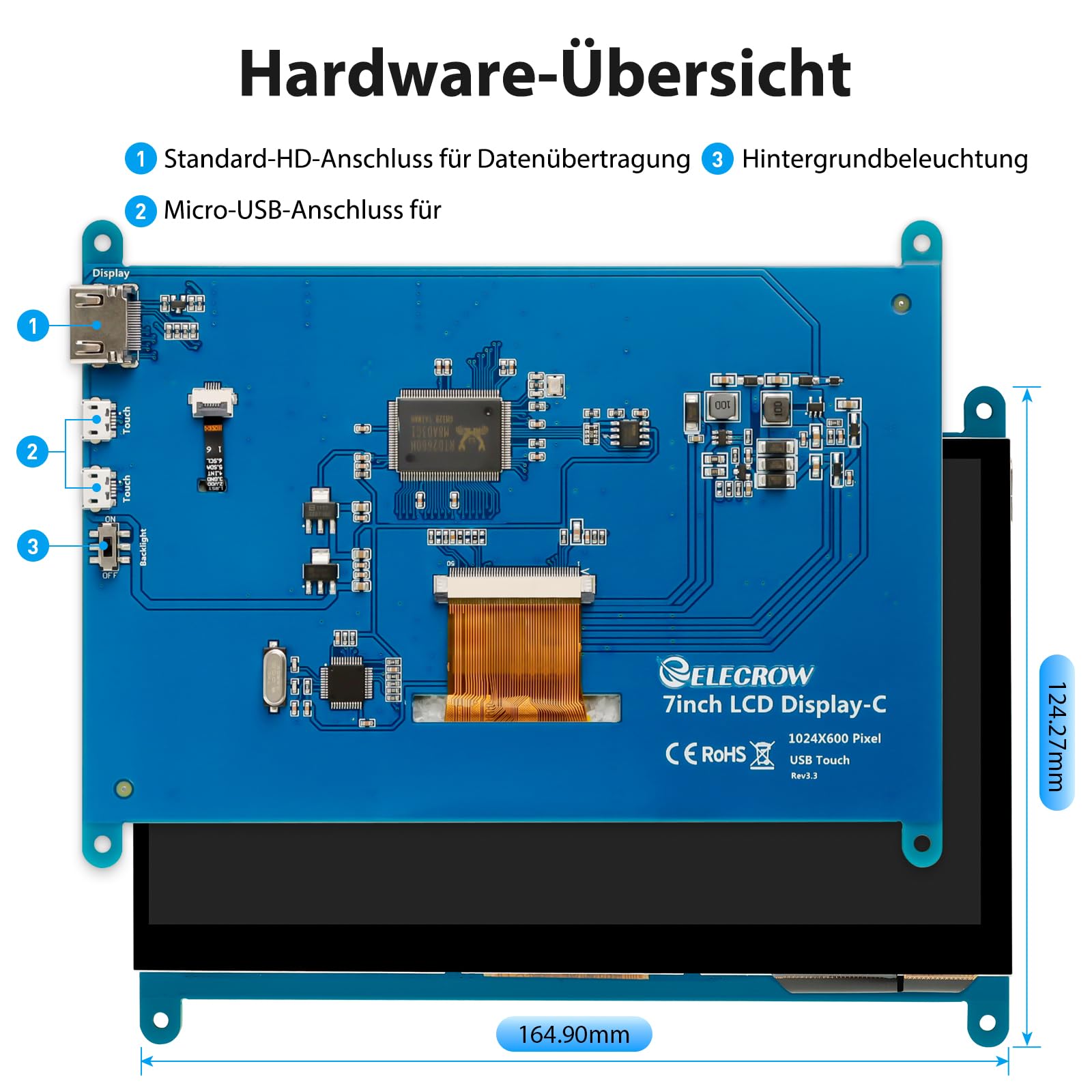 ELECROW Raspberry Pi Display, 7 Zoll Mini Monitor 1024X600 HD LCD Display Touchscreen Monitor Kompatibel mit Raspberry Pi 5/4/3/2/Zero, PC, Jetson Nano, Banana Pi, BB Schwarz