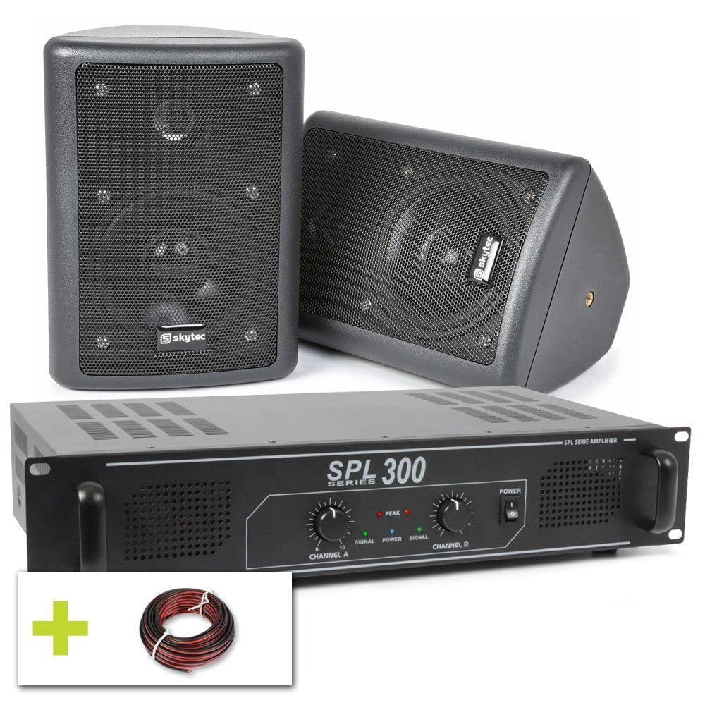 Skytec Pack Sono - Paire d'Enceintes 2 Voies 75W - Noir, Amplificateur Professionnel 2X 150W, et Câble Inclus, Idéal pour Diffusion d'Annonces ou Musique d'Ambiance