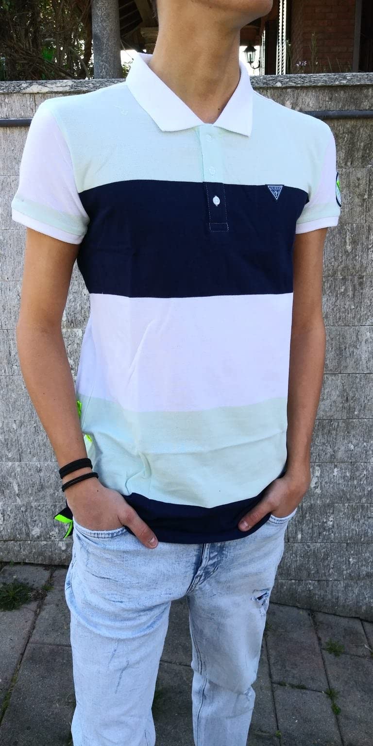 GUESS Polo Manica Corta Ragazzo 16 Anni - 170 cm Color Blu Bianco e Verde Acqua con Scritte Fluo