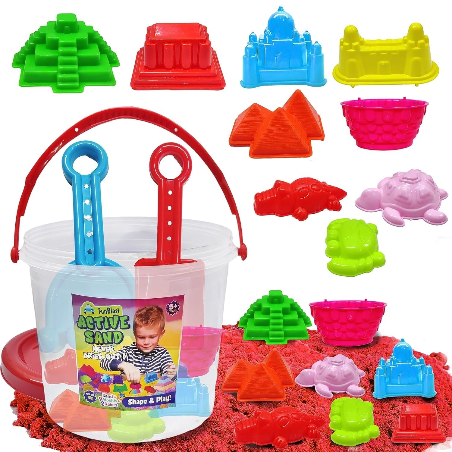 FunFive Kinetic Sand and Mould for Kids - Sand Clay Kit for Kids Activity Toys, Soft Sand Clay & Moulds Toys for Kids, Boys, Girls – Sand - Approx. 1 Kg & Beach Toys - 9 PCS (Maroon)