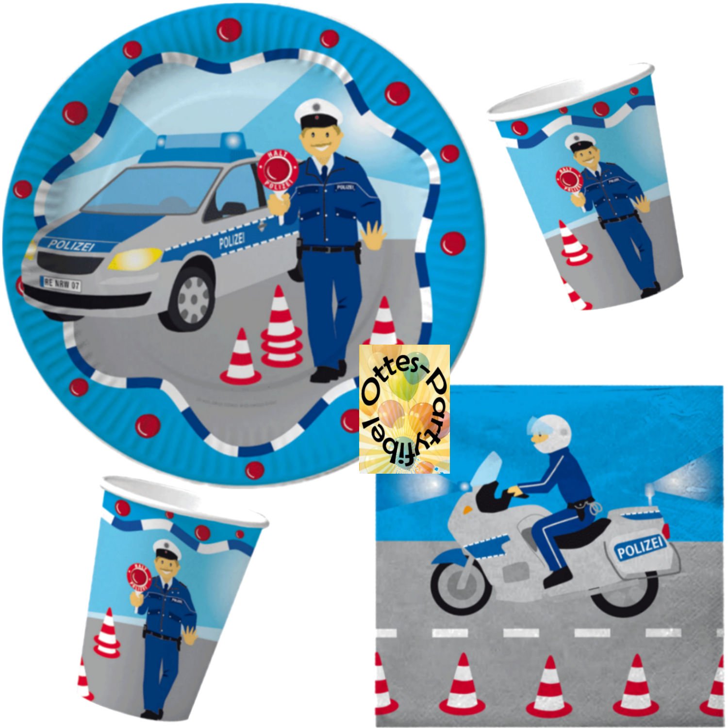 HHO Polizei Party-Set 52tlg. für 16 Kinder : Teller Becher Servietten