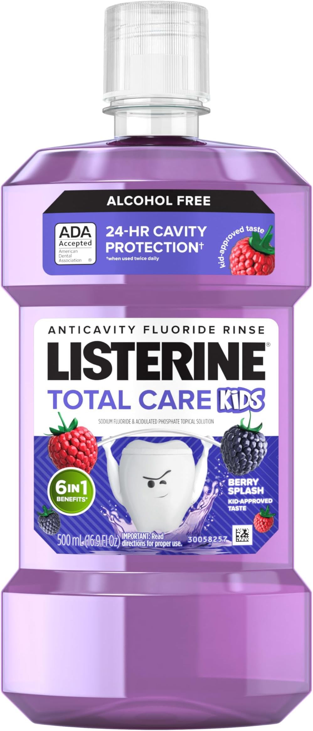 Listerine Smart Rinse Kids Alcohol-Free Anticavity Fluoride Mouthwash, ADA Accepted Oral Rinse for Cavity Protection, Berry Splash Flavor for Kids Oral Care, 500 mL
