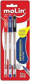 Esferográfica A-One Fine 0,7mm, Blister com 3 Unidades, Molin 1069, Amarelo