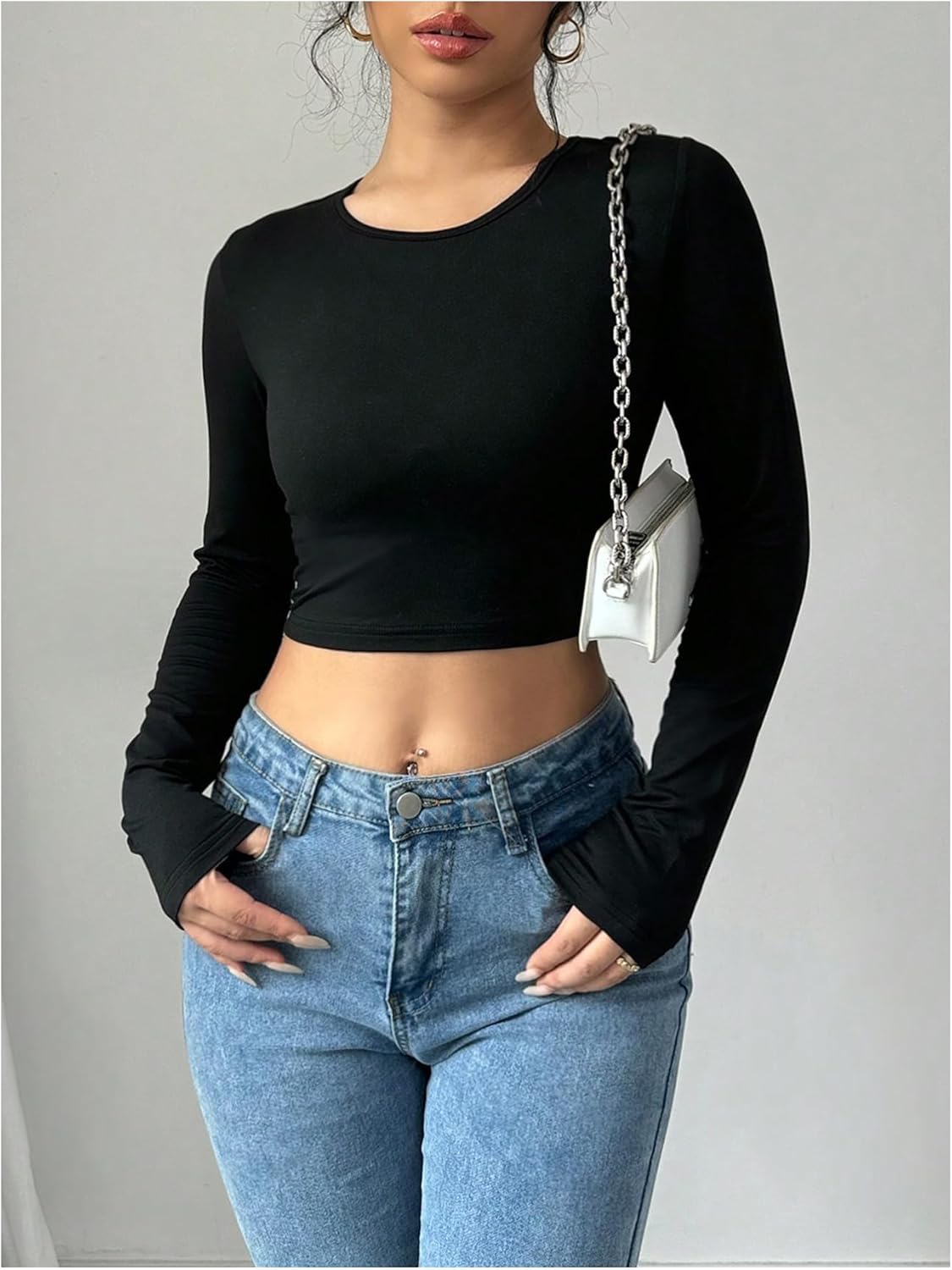 OYOANGLE Women's Tie Back T Shirts Crewneck Long Sleeve Going Out Crop Tops - Image 2