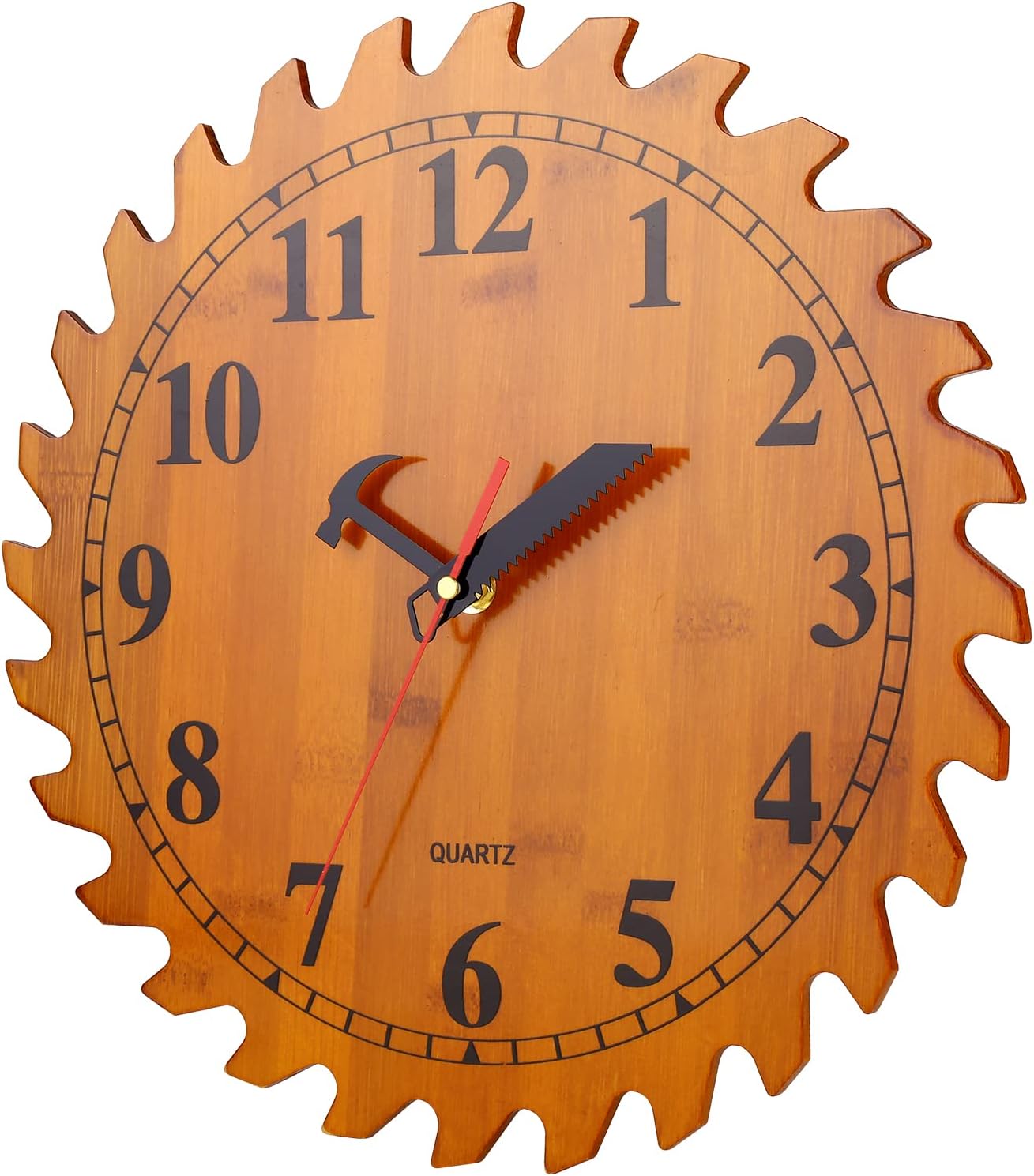 12 Inch Wood Wall Clock with Circular Saw Blade Dial, Handsaw and Hammer Pointer,Great Decor for Farmhouse,Garages and Man Cave