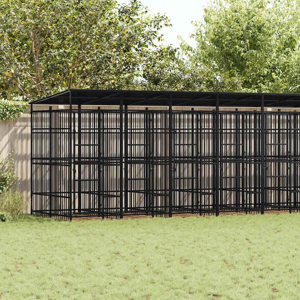 Canile da esterno con tetto per cani in acciaio 16,59 m² Recinto esterno per cani e cuccioli, gabbia per giardino