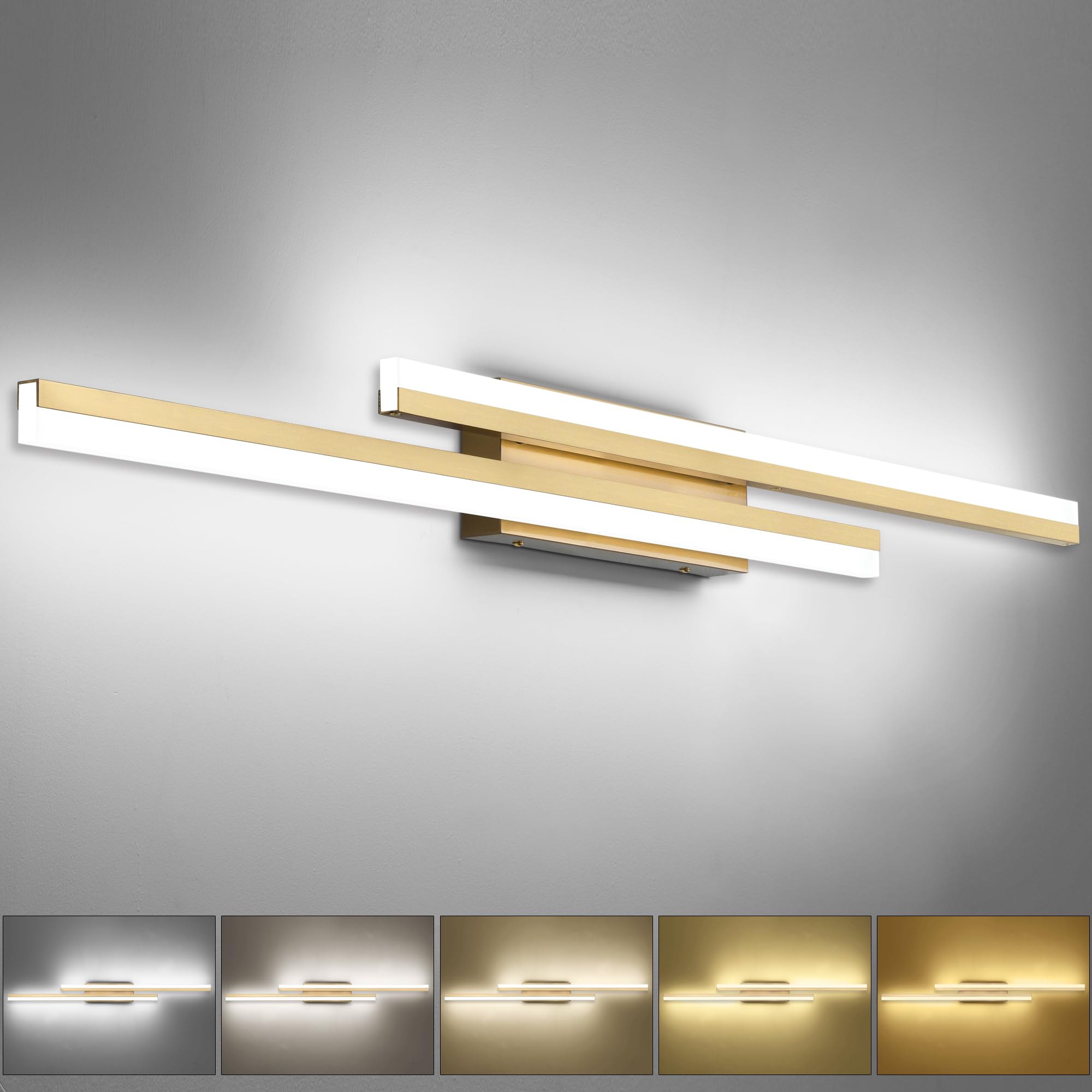 PRESDE Bathroom Vanity Light Dimmable Changeable 48inch 5 Color Modern Gold LED Bathroom Light Fixtures Over Mirror Bath Wall Lighting 5CCT