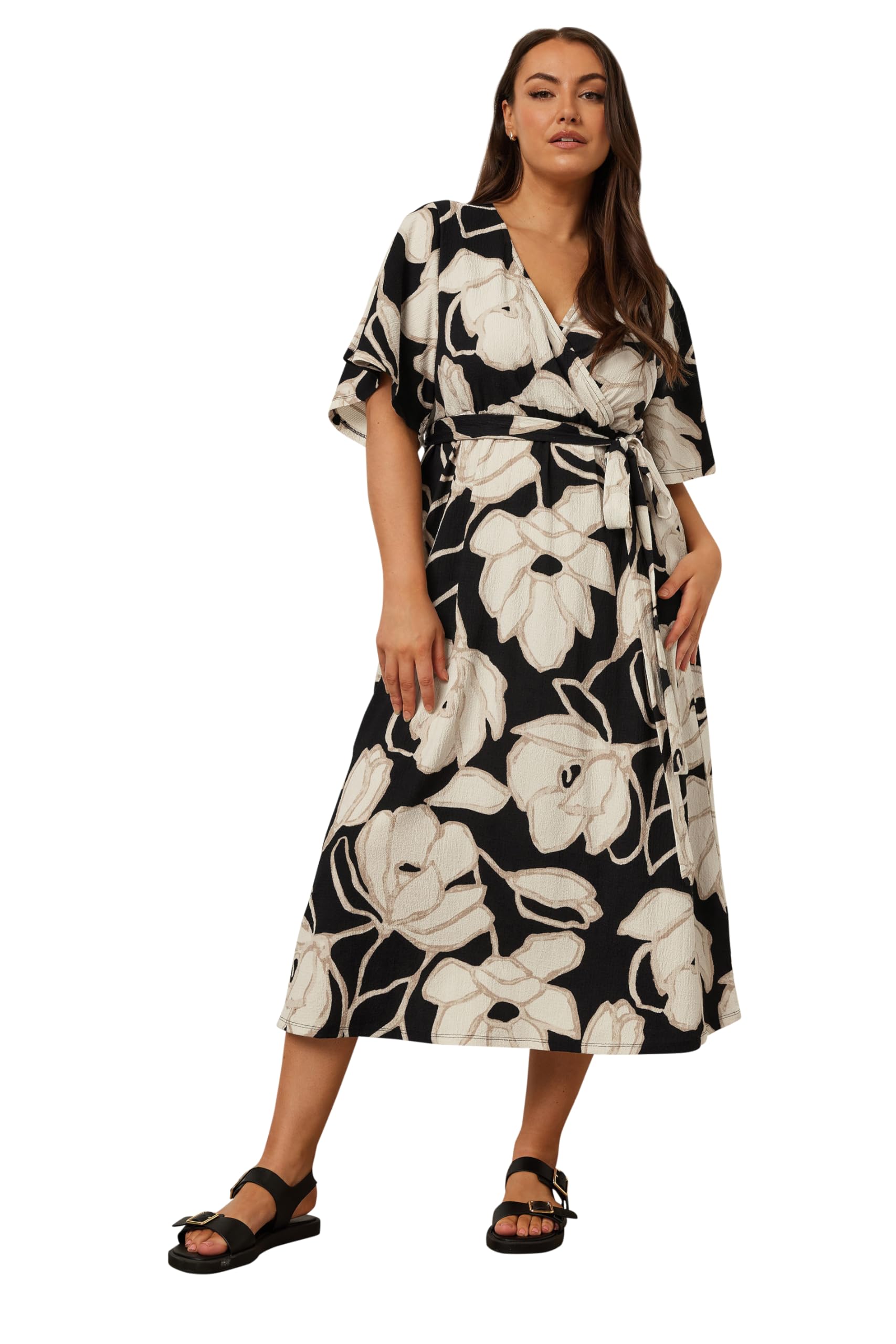 Yours Women's Black Floral Textured Wrap Midi Dress In | Size: 22-24