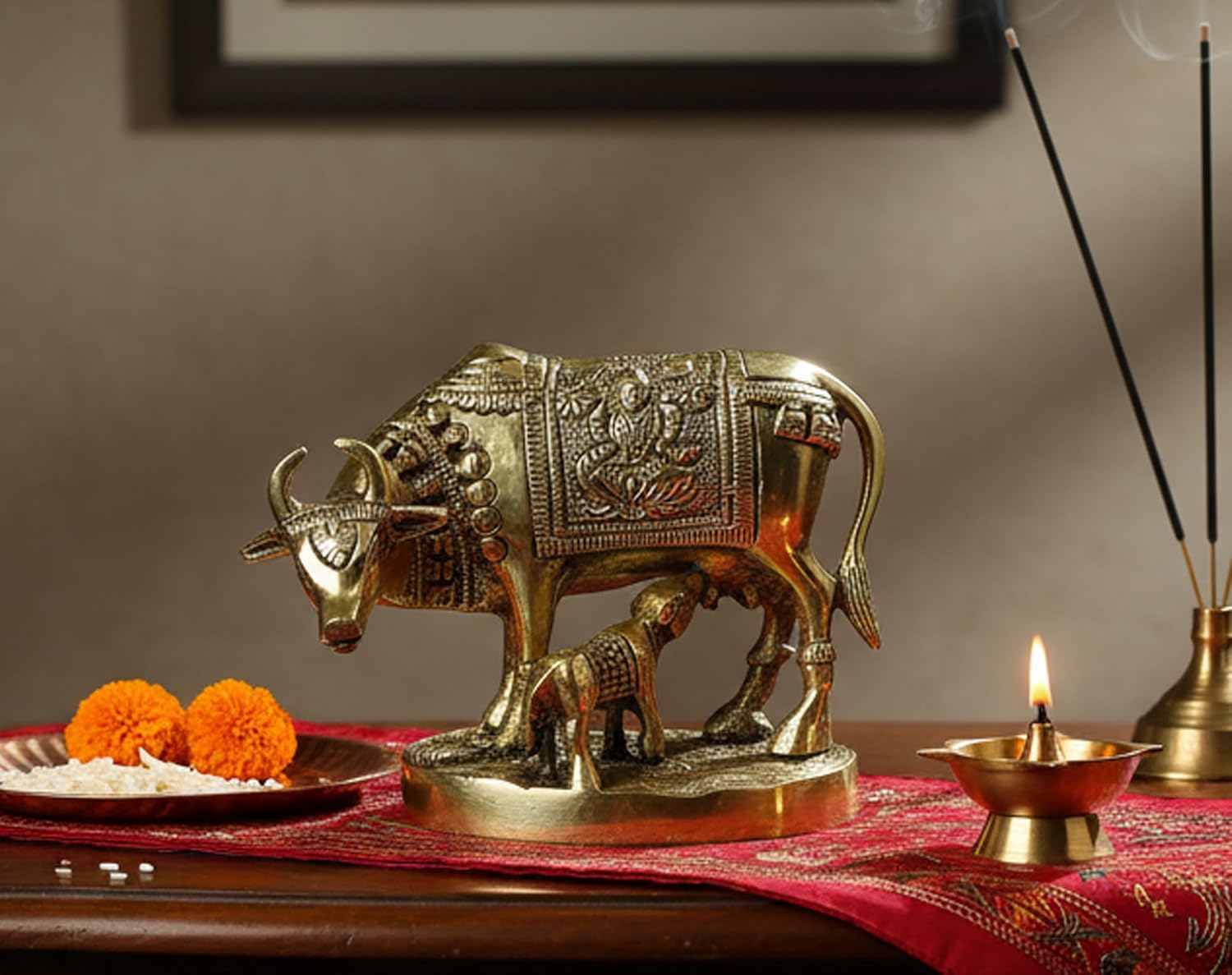 StonKraft Brass Kamdhenu Cow Calf Kamadhenu Idol Murti Statue (5.5 Inch)