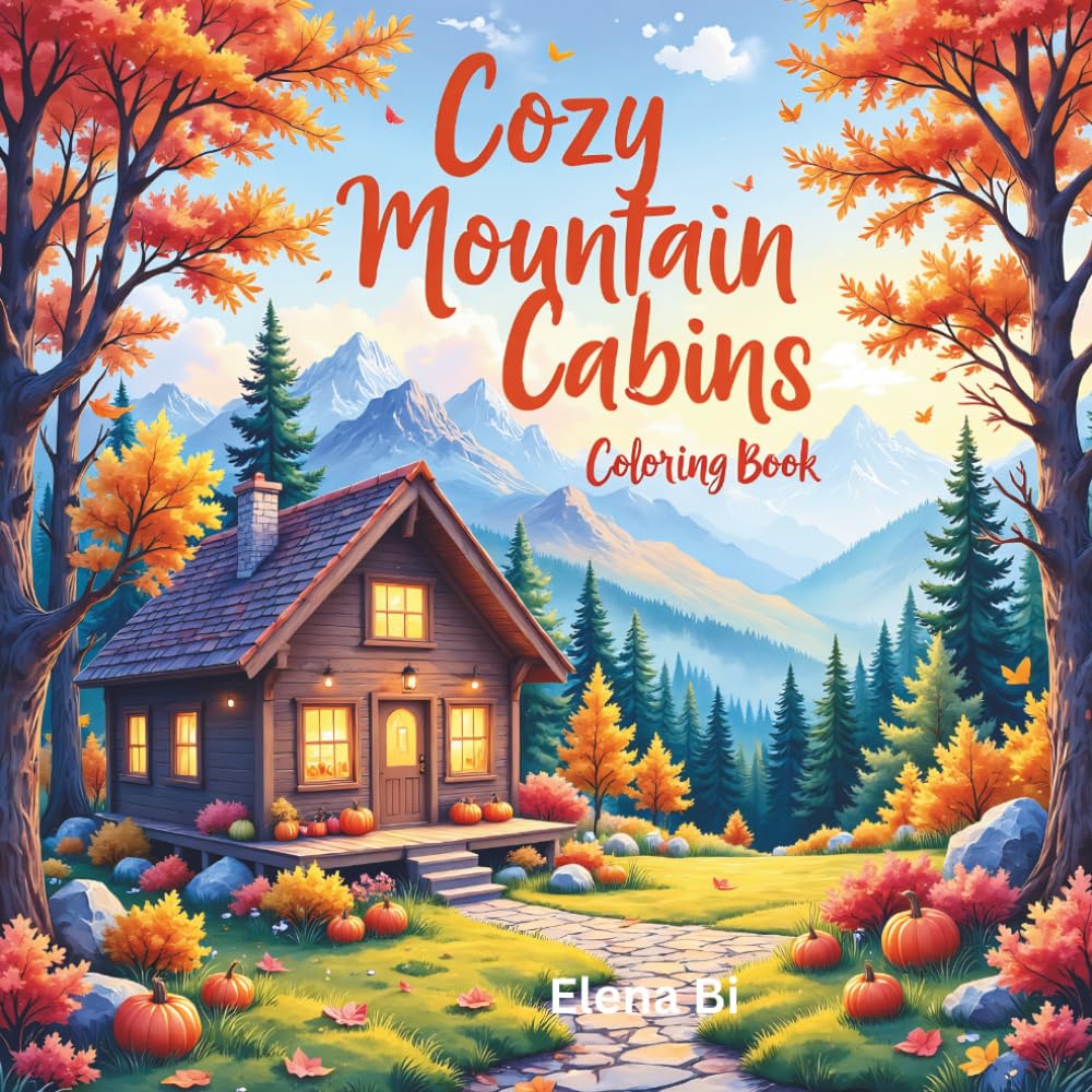 Cozy Mountain Cabins Coloring Book: Relaxing Scenes to Color – Each Page Includes a Fully Colored Reference Version