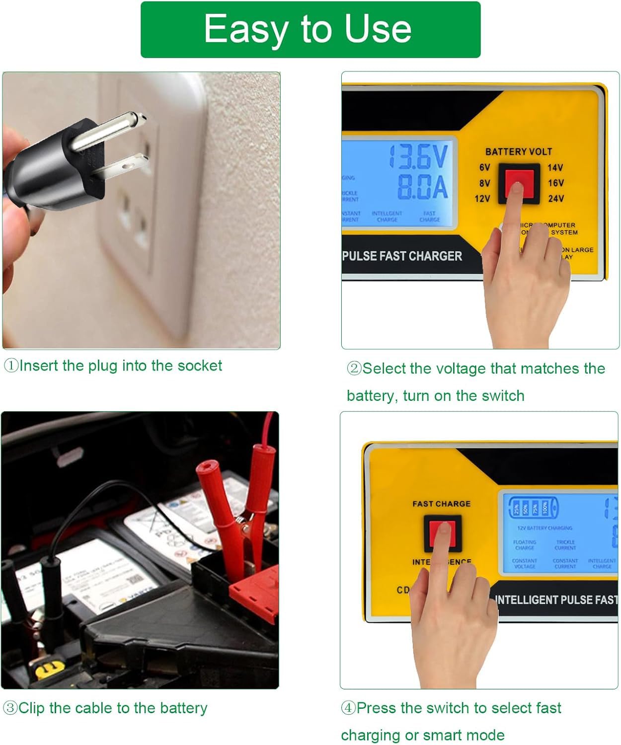 Chargeur de batterie 6/8/12/14/16/24 V, entièrement automatique avec pinces de câble