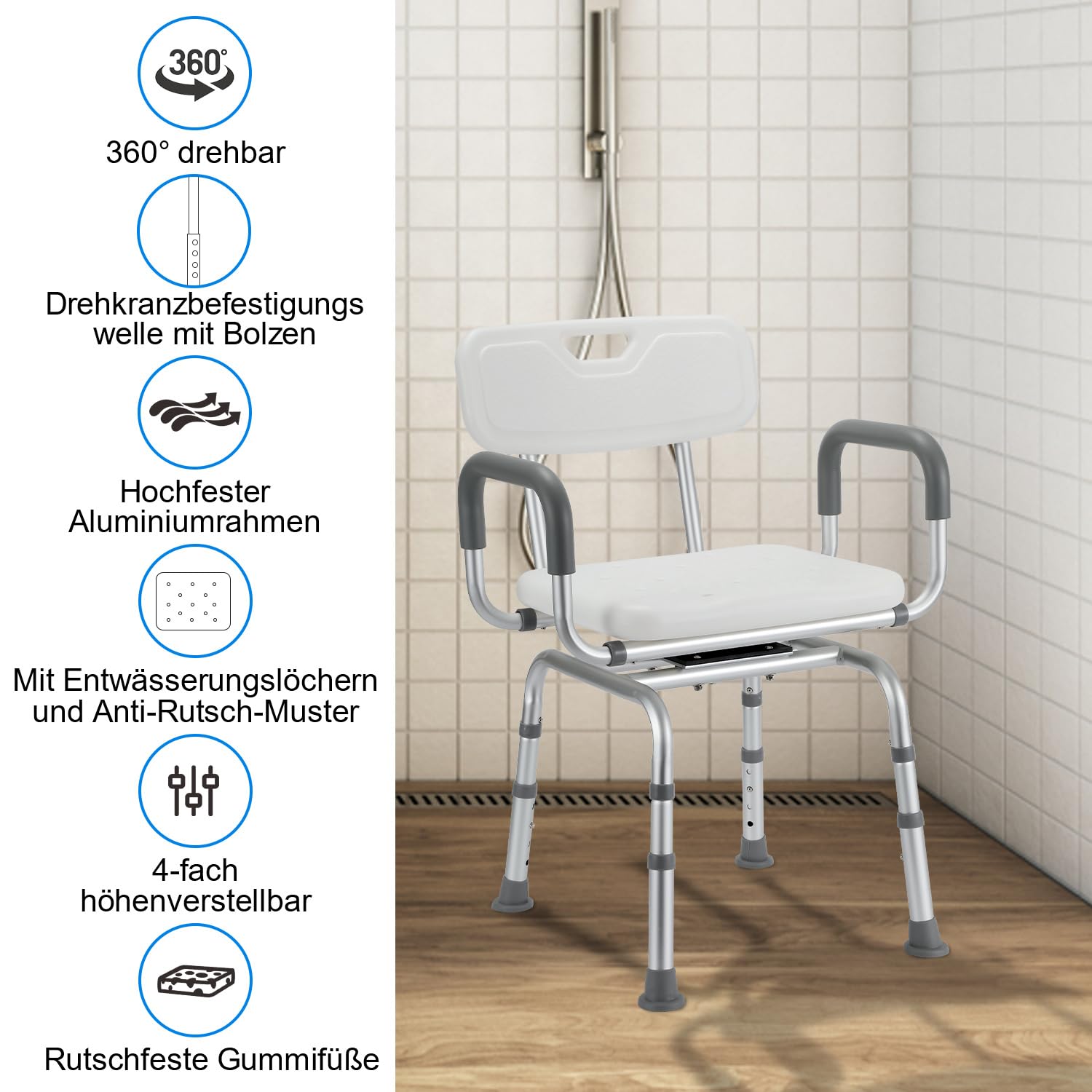 Krzesło prysznicowe, obracane o 360°, podłokietnik 150 kg | Obrotowe krzesło prysznicowe z oparciem i podłokietnikami, 4 wysokości (40-48 cm), aluminium, antypoślizgowe.
