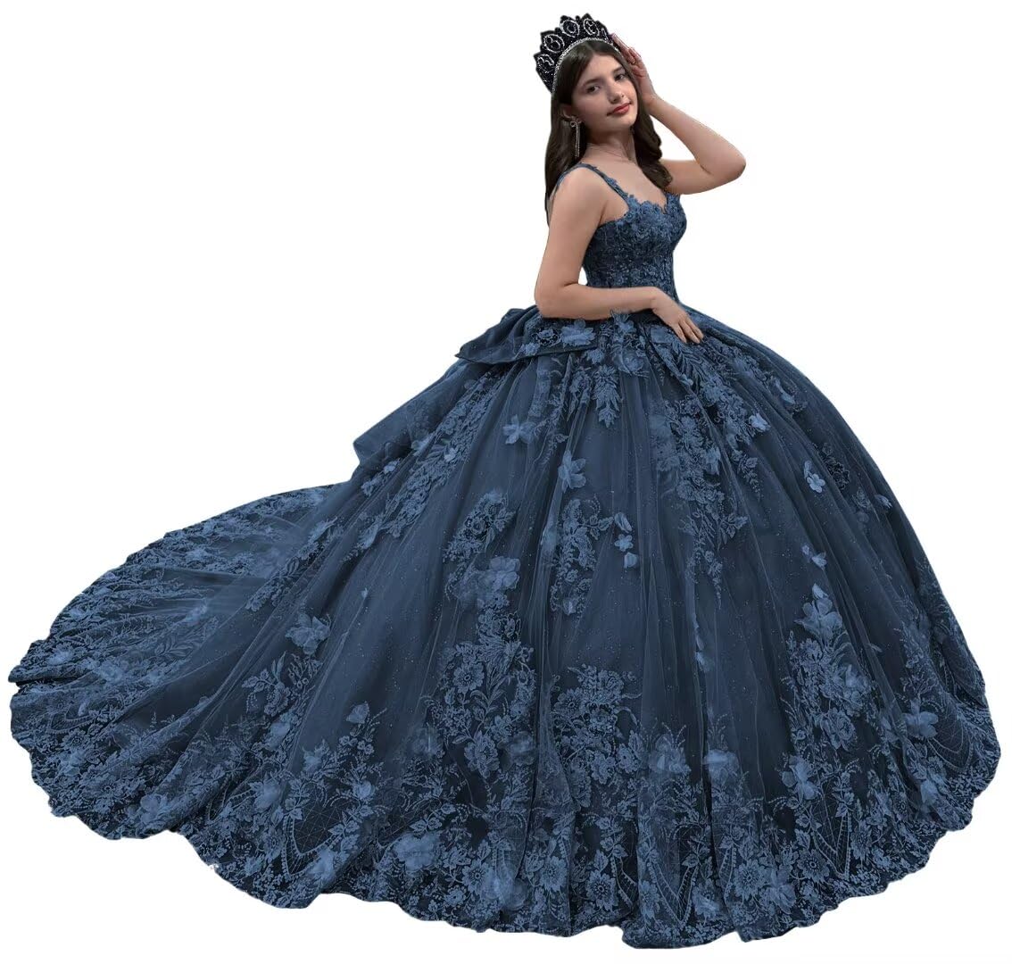 Youjiayi 3D Flowers Quinceanera Dresses with Bow Spaghetti Strap Lace Sweet 16 Dress Puffy Tulle Beaded Ball Gown for Women