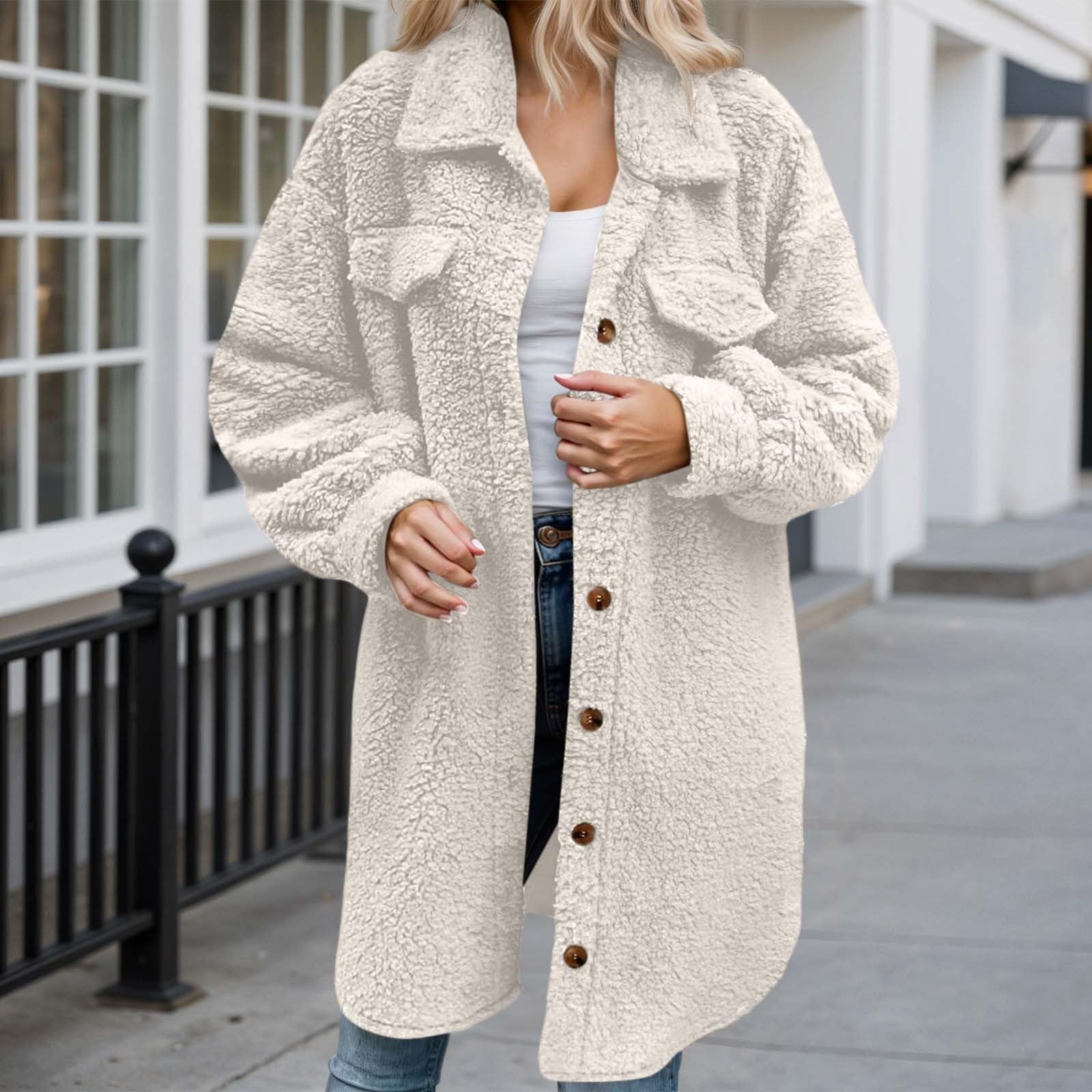 Generisch 2026 Langer Fleecemantel mit offener Vorderseite Knopfleiste weicher Strickjacke für Damen warme Winteroberbekleidung im lässigen lockeren Schnitt modische Übergangsjacke