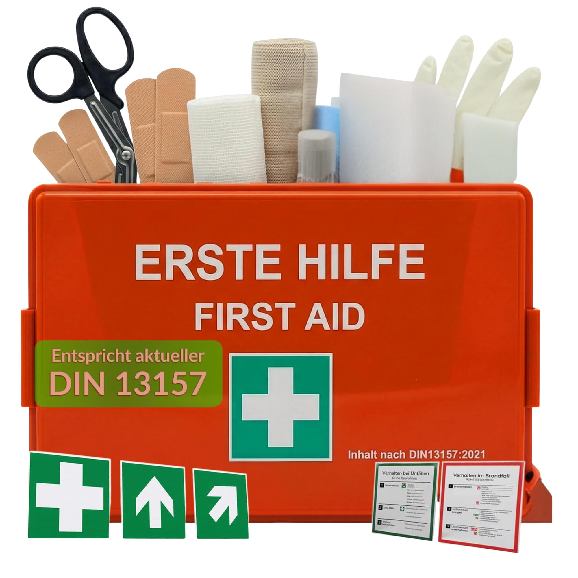 Floordirekt Erste Hilfe Kasten - DIN 13157:2021 - inkl. Wandhalterung, 5x Aufkleber & Plombe - Verbandskasten Betrieb - Erste Hilfe Koffer für Betrieb - Büro & Zuhause