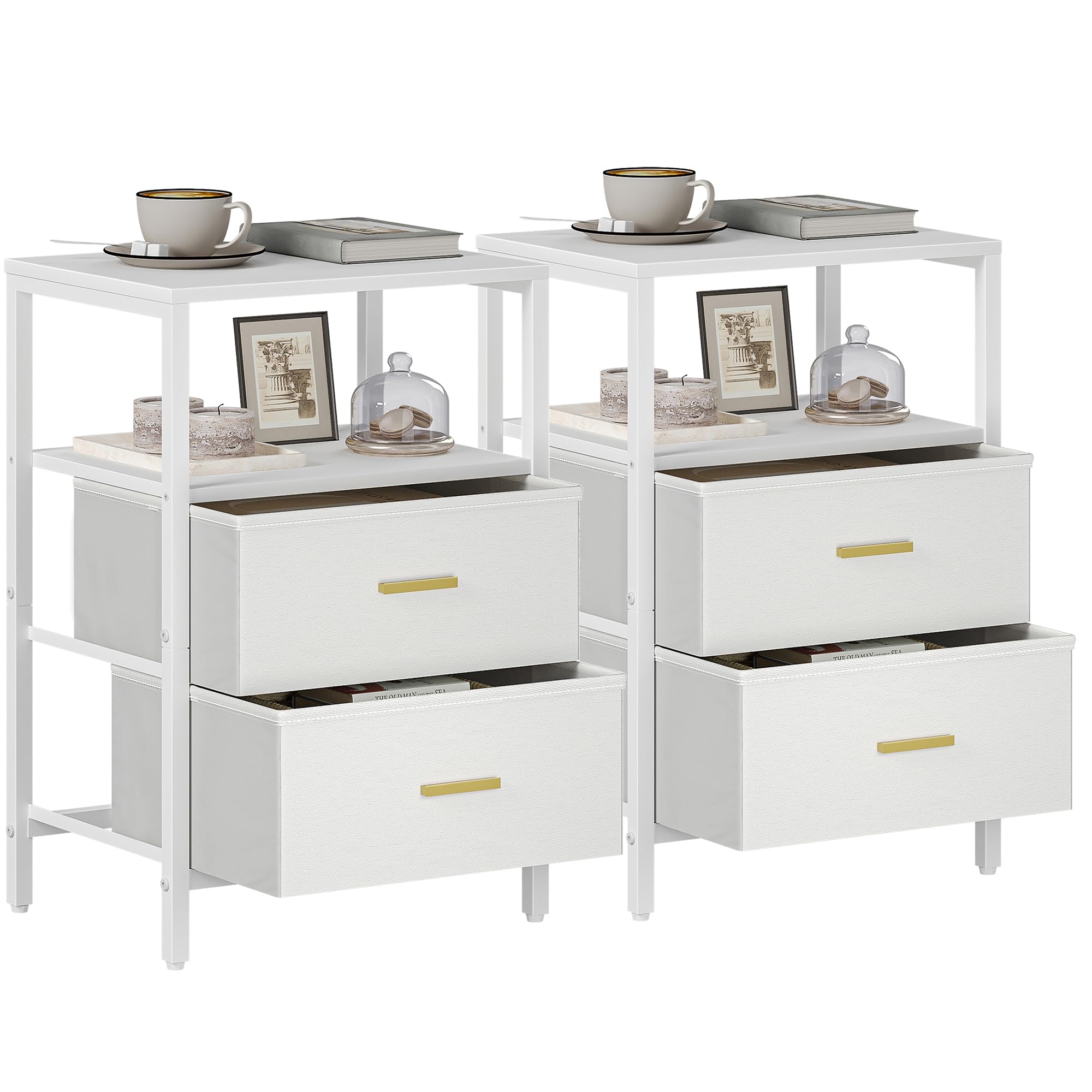 Hzuaneri Comodino set di 2, Tavolino laterale con 2 cassetti pieghevoli in tessuto, Vano a giorno, Tavolino, Comodino camera da letto, per Soggiorno, Camera da letto, Bianco NS30713W