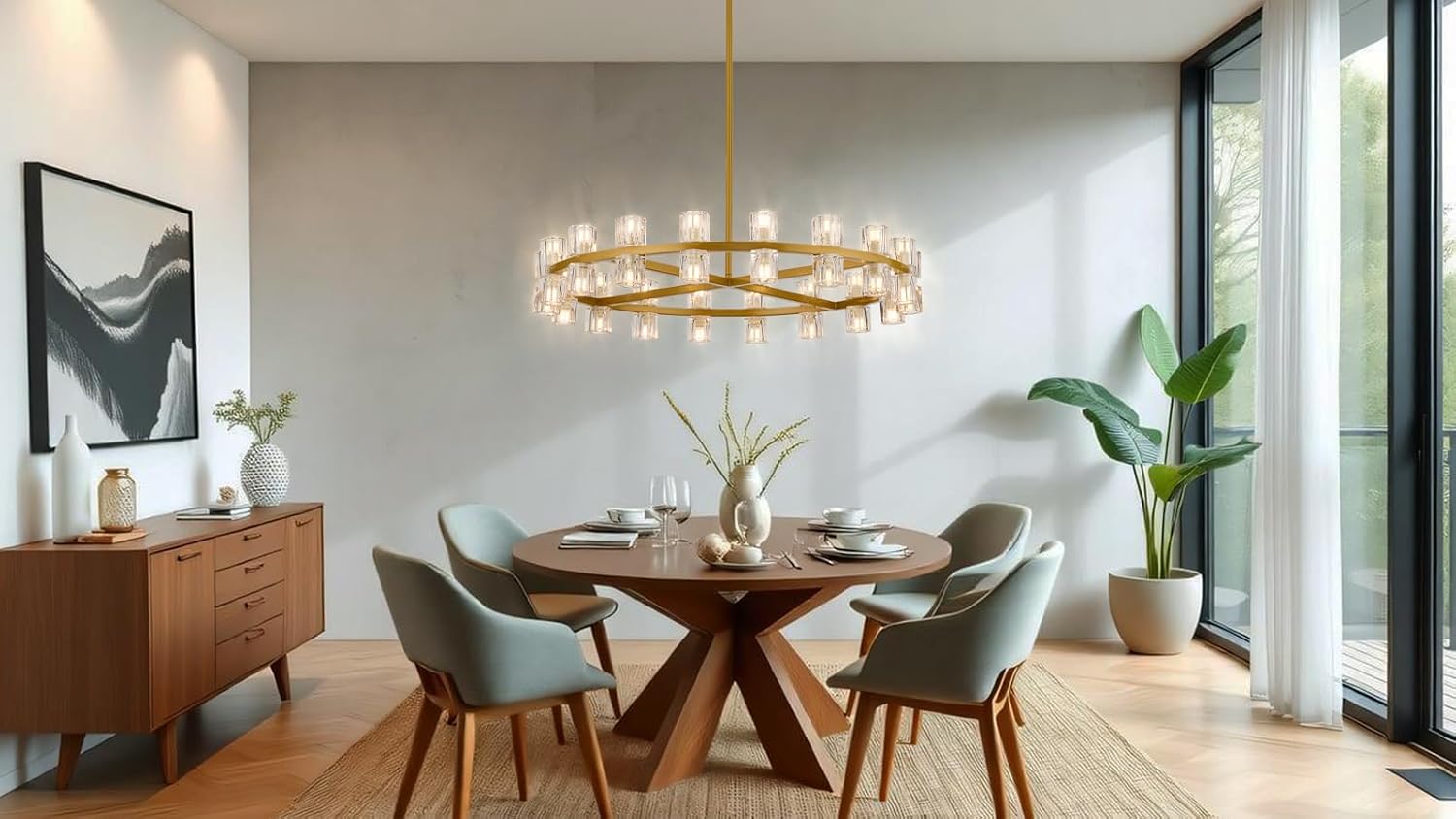 Modern 36 Inch Gold Crystal Wagon Wheel Chandelier, Large Round 36-Light Pendant Lighting Fixture, Adjustable Height for High Ceilings Living Room, Dining Room, Foyer, Entryways (gold-36in)
