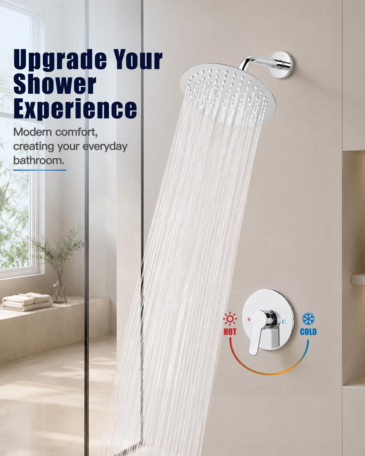Heyalan Sistema de ducha cromado pulido 8 pulgadas redondo ducha baño grifo de ducha lluvia montaje en pared sola función ducha kit SUS304 acero inoxidable con válvula áspera 1 mango