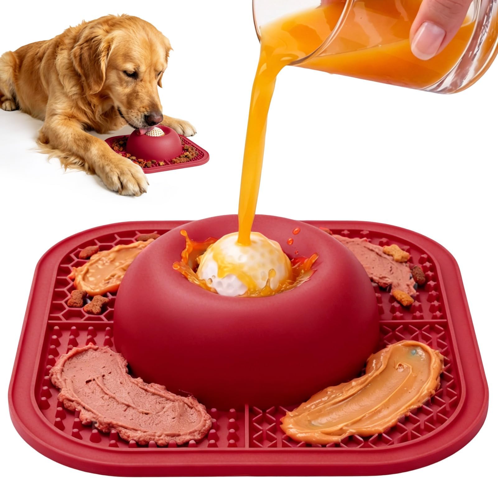 Slow Feeder Dog Bowls &amp; Lick Mat for Liquid and Thick Treat, Anti-Slip Dog Lick Bowl with Interactive Rolling Ball, 5/6 Cup Pup Licking Toy for Large Medium Small Dogs and Cats-Large Red