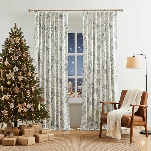 Kayne Studio Paneles de cortinas opacas de lino con estampado botánico de hojas florales, cortinas de granja insonorizadas con bloqueo de luz, disponible en Yaxa Colombia