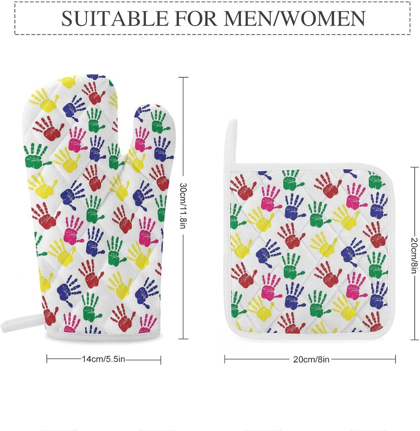 Colorful Hand Print Oven Mitts and Pot Holders 4Pcs Set Heat Resistant Cooking Mitts Hot Pads