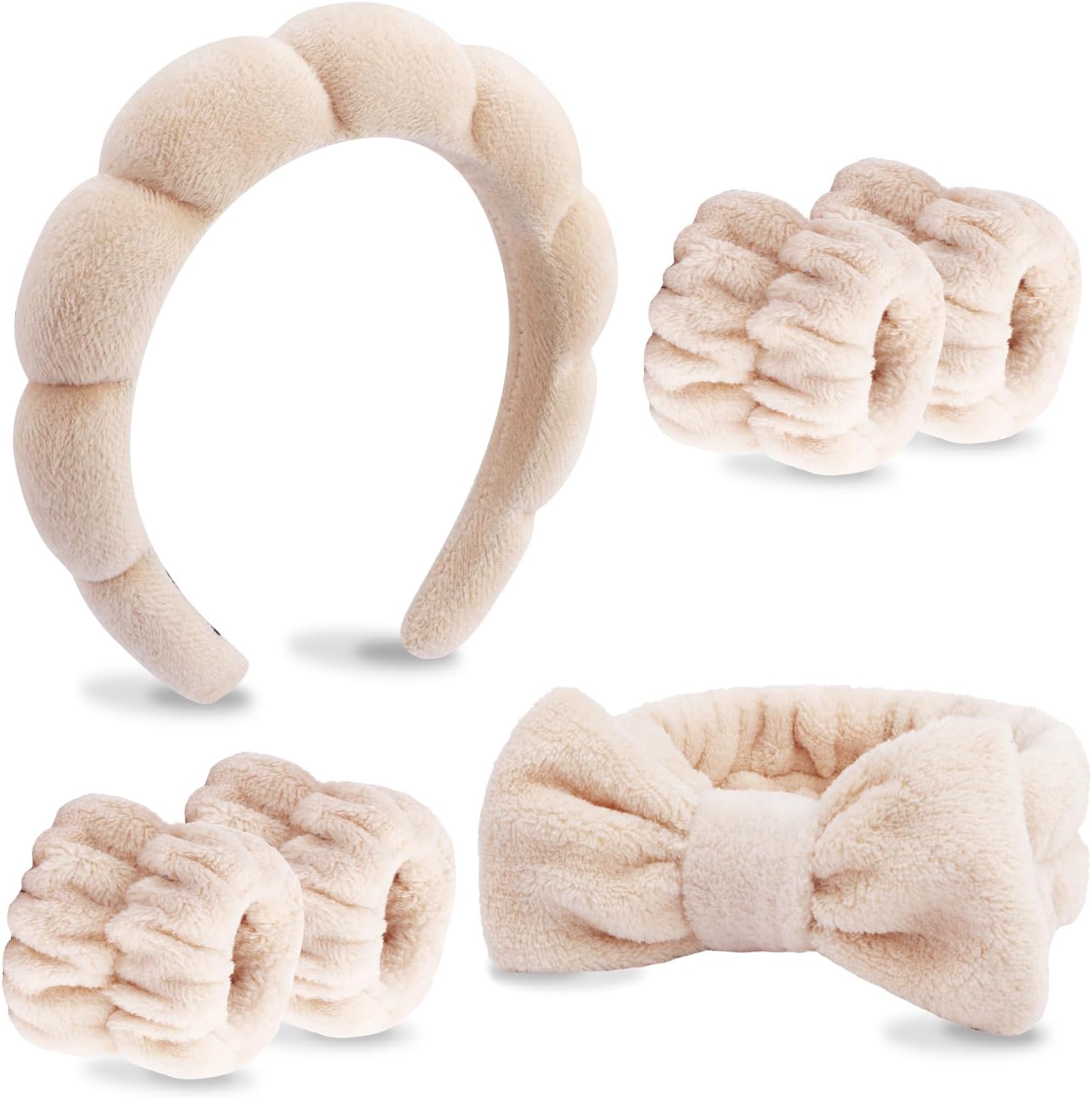 VELSCRUN 6 Pack Spa Headband, Makeup Headband, Face Wash Headbands, Skincare Headbands, Brown Sponge Hair Band Bow Tie Spa Head Band for Washing Face Wristband Set Hair Accessories for Women