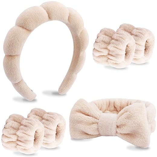 VELSCRUN 6 Pack Makeup and Skincare Headbands, Brown Sponge Hair Band Bow Tie Set - Wristband Hair Accessories for Women Gifts