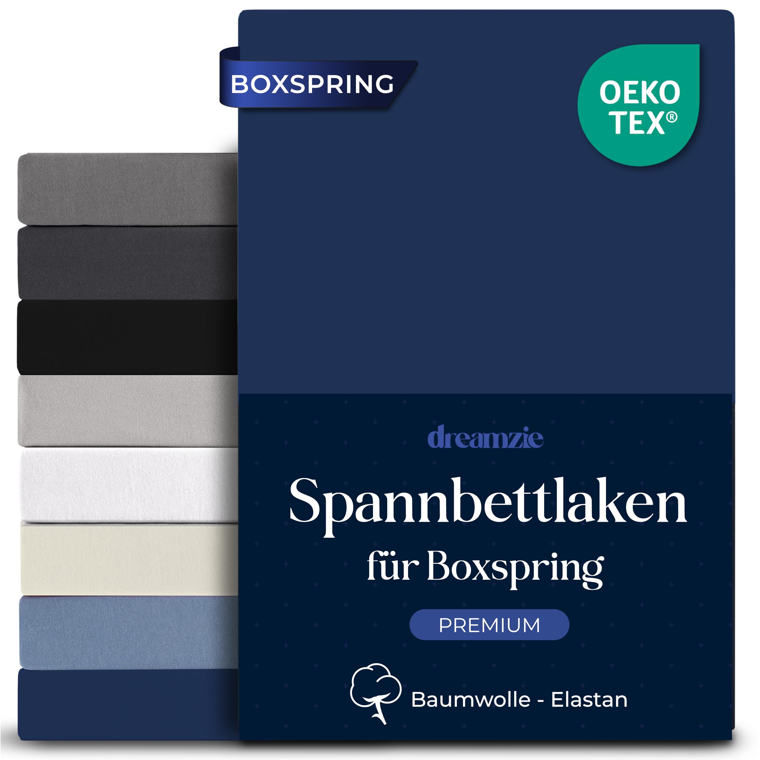 Dreamzie Boxspring Spannbettlaken 180x200cm - Baumwolle Elastan Premium Komfort 250 GSM - 40 cm, Boxspringbett oder Dicke Matratzen - Oeko-Tex - Dunkelblau