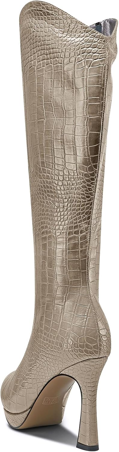 Saekcted Womens Stiletto High Heel Pointed Toe Mid Calf Boots Platform Slip-on Zipper Dress Shoes Prom Party Winter 3.9 Inches Heels