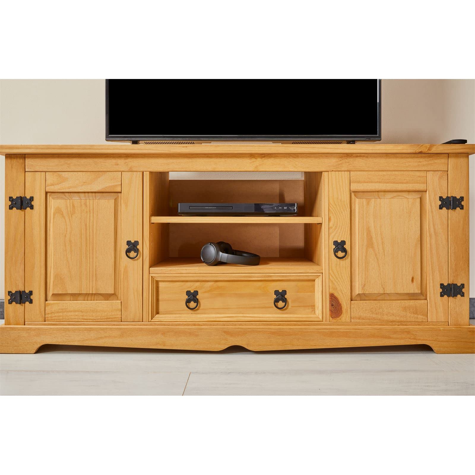 IDIMEX Lowboard Tequila 140 cm, Braun - TV Schrank aus Kiefer Massivholz, Fernsehtisch im Mexiko Stil, 2 Türen, Schublade und offenes Fach, Rustikaler Landhausstil
