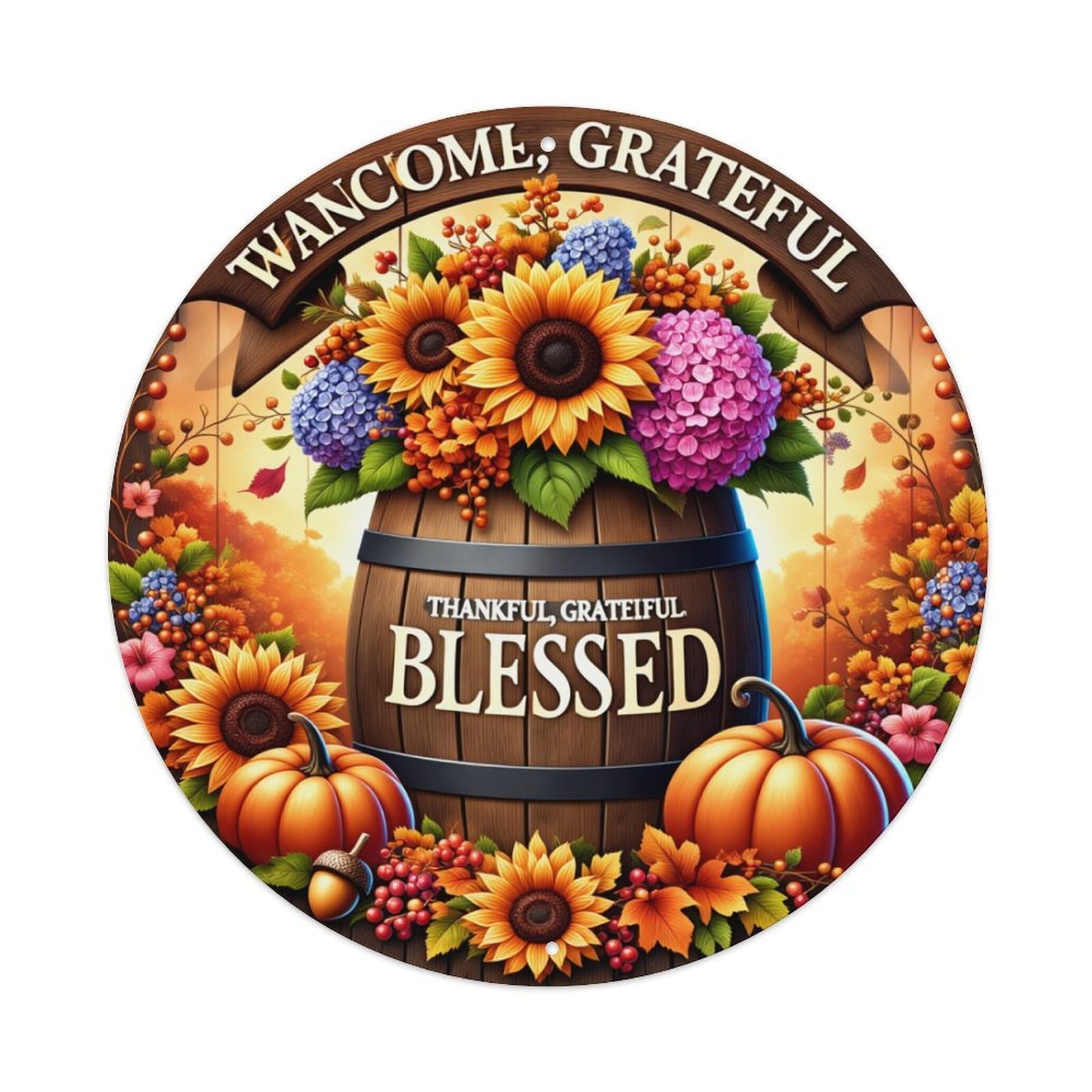 Autumn Harvest Sunflower Pumpkin Barrel Round Tin Sign Retro Metal Sign for Cafe Bar Pub Home Game Room Gym Club Wall Decoration Vintage Metal Poster 8x8 Inch
