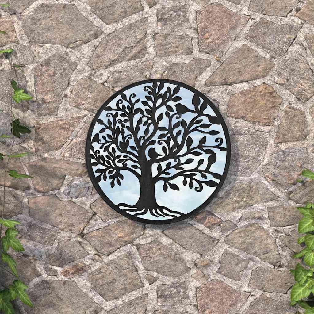 Mangloder Espejo de Jardín Negro Hierro y Cristal Redondo 40x2.5cm Espejo de Pared Exterior Árbol Decoración Jardín Pasillo Baño Salón