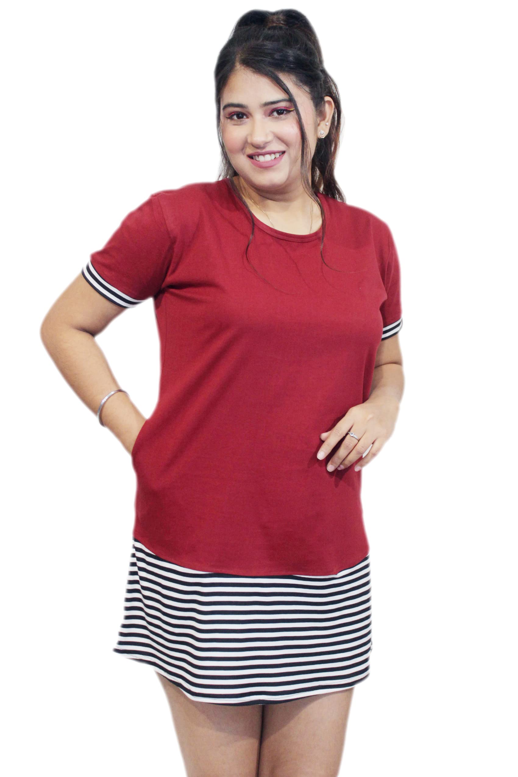 Pinkshell Women’s/Ladies/Girls Long Stripe Panel with Colour Polo T-Shirt, Round Neck Regular Fit-picture-12