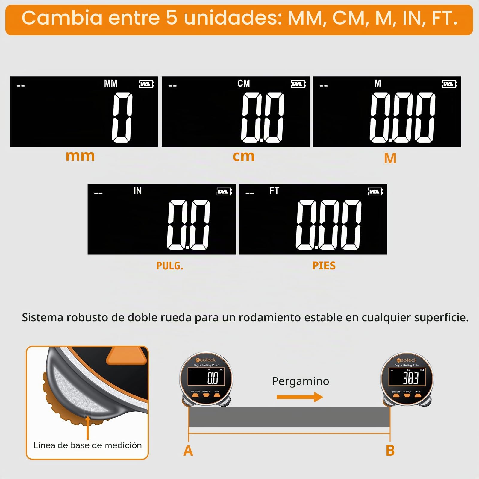 Neoteck Cinta Métrica Digital 656Ft/200M Regla Rodante Electrónica con Pantalla LCD y 5 Modos de Referencia Regla Digital Recargable para Medir Superficie Plana, Curva, Diámetro y Forma Irregular