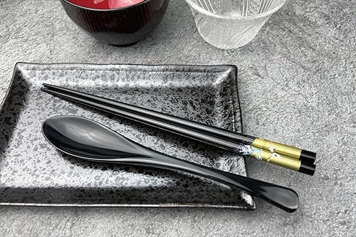 Miniatura 4 de Palillos japoneses prémium con cuchara reutilizables fabricados en Japón Palillos de madera de laca tradicional B (grúa dorada BK(TSS32))