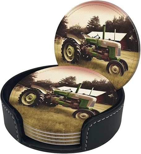 Miniatura 2 de Old Tractor Photo Farm Juego de 6 posavasos con soporte de cuero, protector de mesa para bar, decoración de tazas, almohadilla para mesa de café,